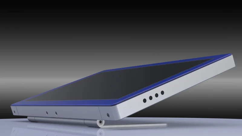 Side view of the FLO evo portable monitor on the counter, reception desk or in meetings