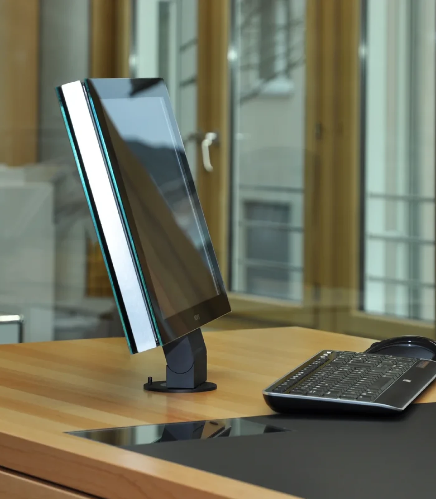 Desk monitor on a modern bank counter
