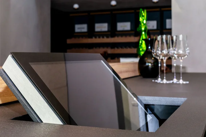 flush-mounted desk display in a reception table