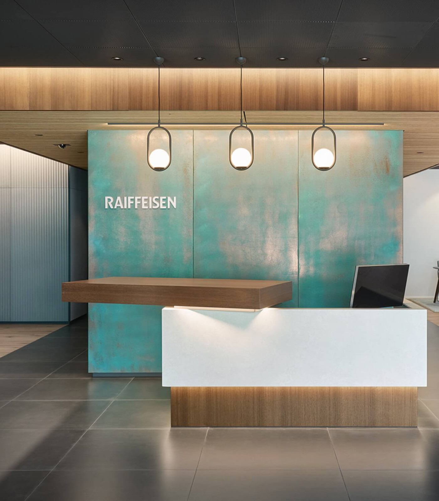 LOFT desktop design monitors installed in a very pretty reception counter.