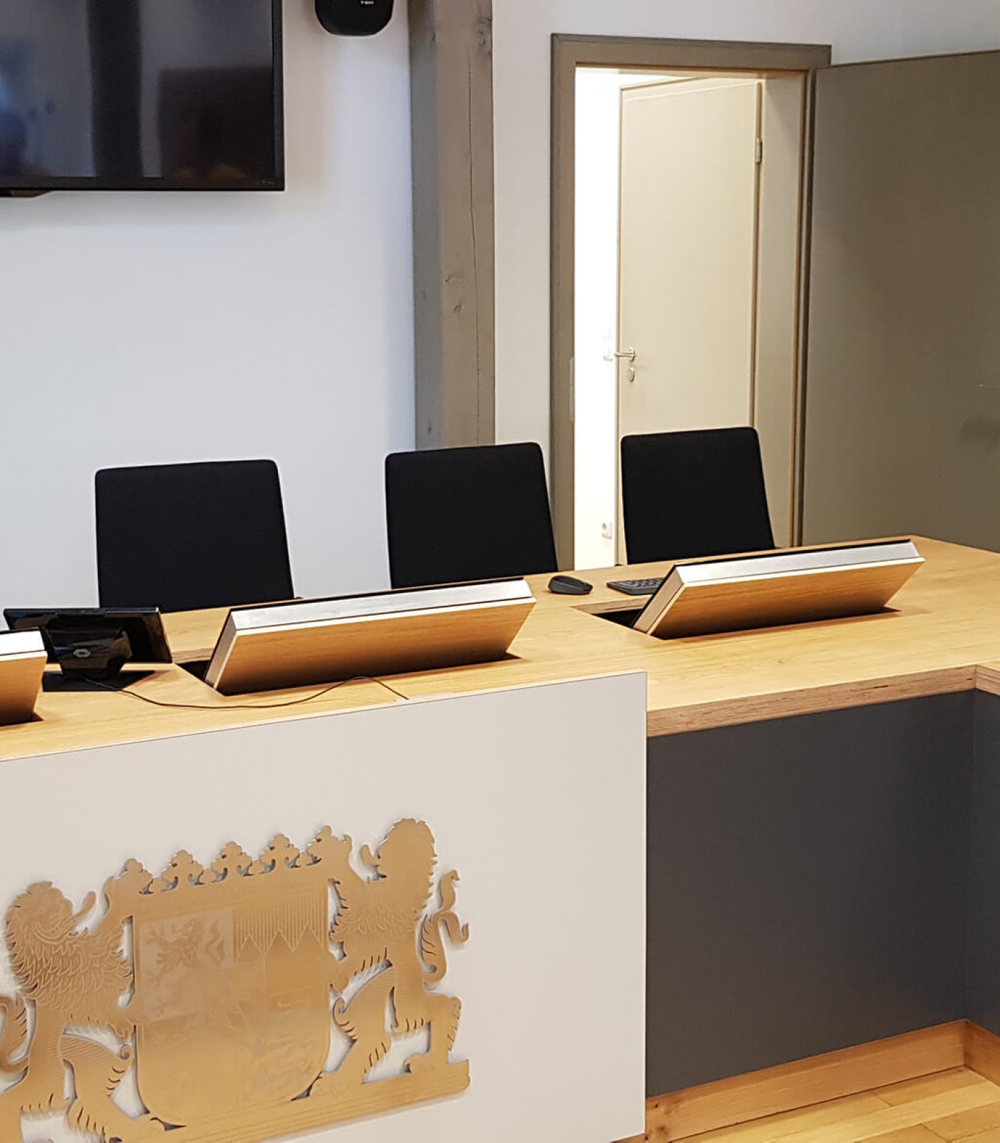 View from the hall side of the judges bench, the fold-out screens installed flat