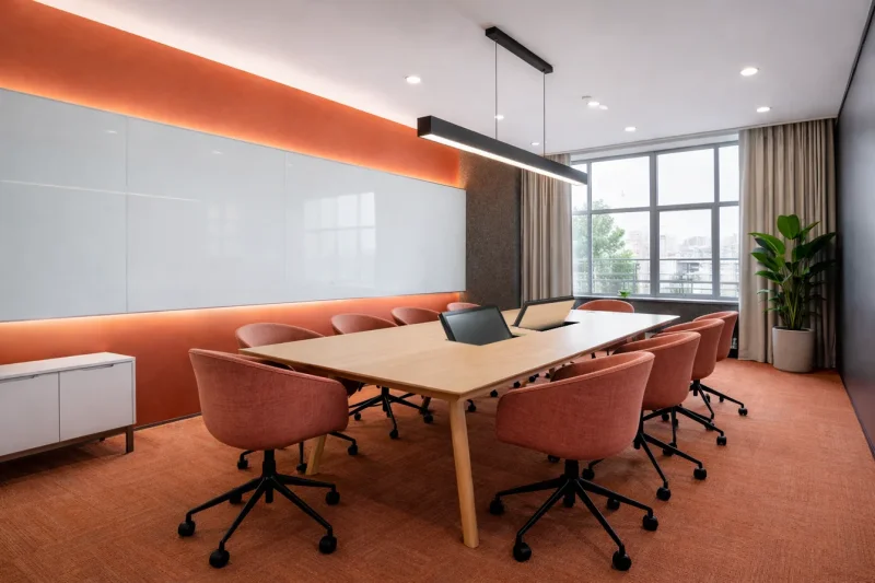 Ein Besprechungsraum mit gegenüberligenden Tischeinbau Monitore. Jeder folgt der Besprechung