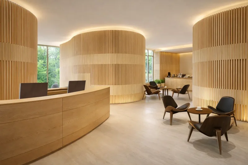 The reception area of this medical practice stands out for its clean, serene, and sophisticated design, which makes extensive use of natural materials and soft, flowing lines.