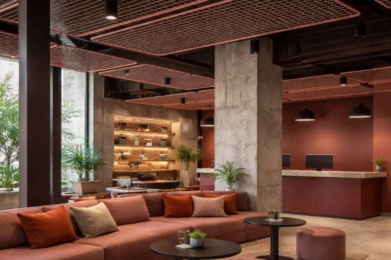 Our Loft desktop on a reception desk or in a hotel lobby. Cozy colors and materials meet cool metal and concrete